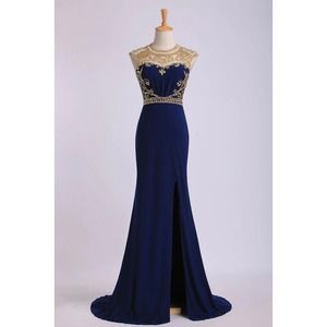 Royal Blue Scoop Gold Beaded Neckline Side Slit Mermaid Long Prom Formal Dress